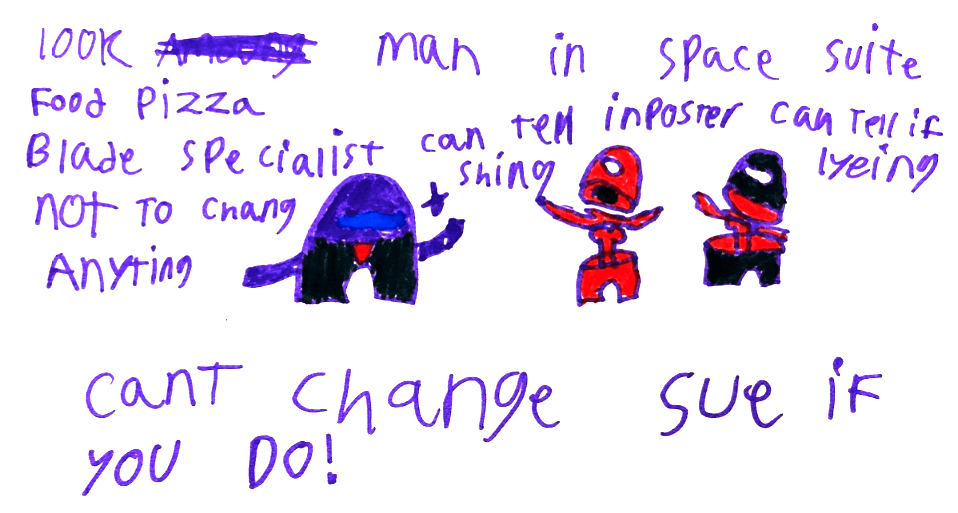 A child's marker drawing of remixed video game characters, annotated with handwritten rules for reuse